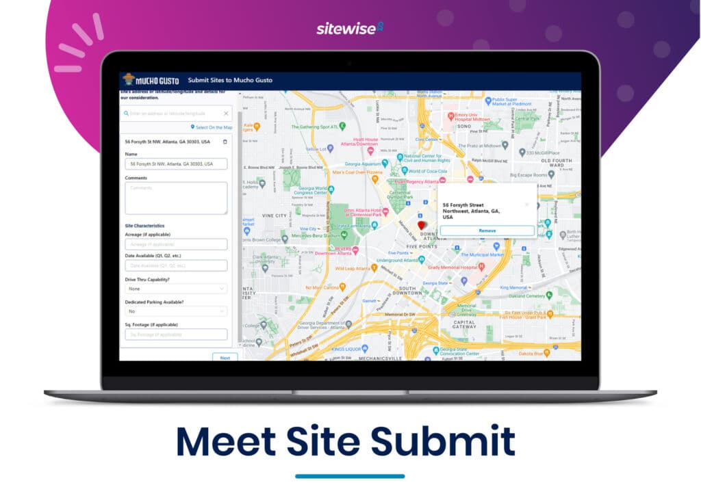 Text reads, "Meet Site Submit". Laptop computer screen shows the Site Submit platform which streamlines the collection, analysis, and greenlighting of site proposals from developers, brokers and franchisees.