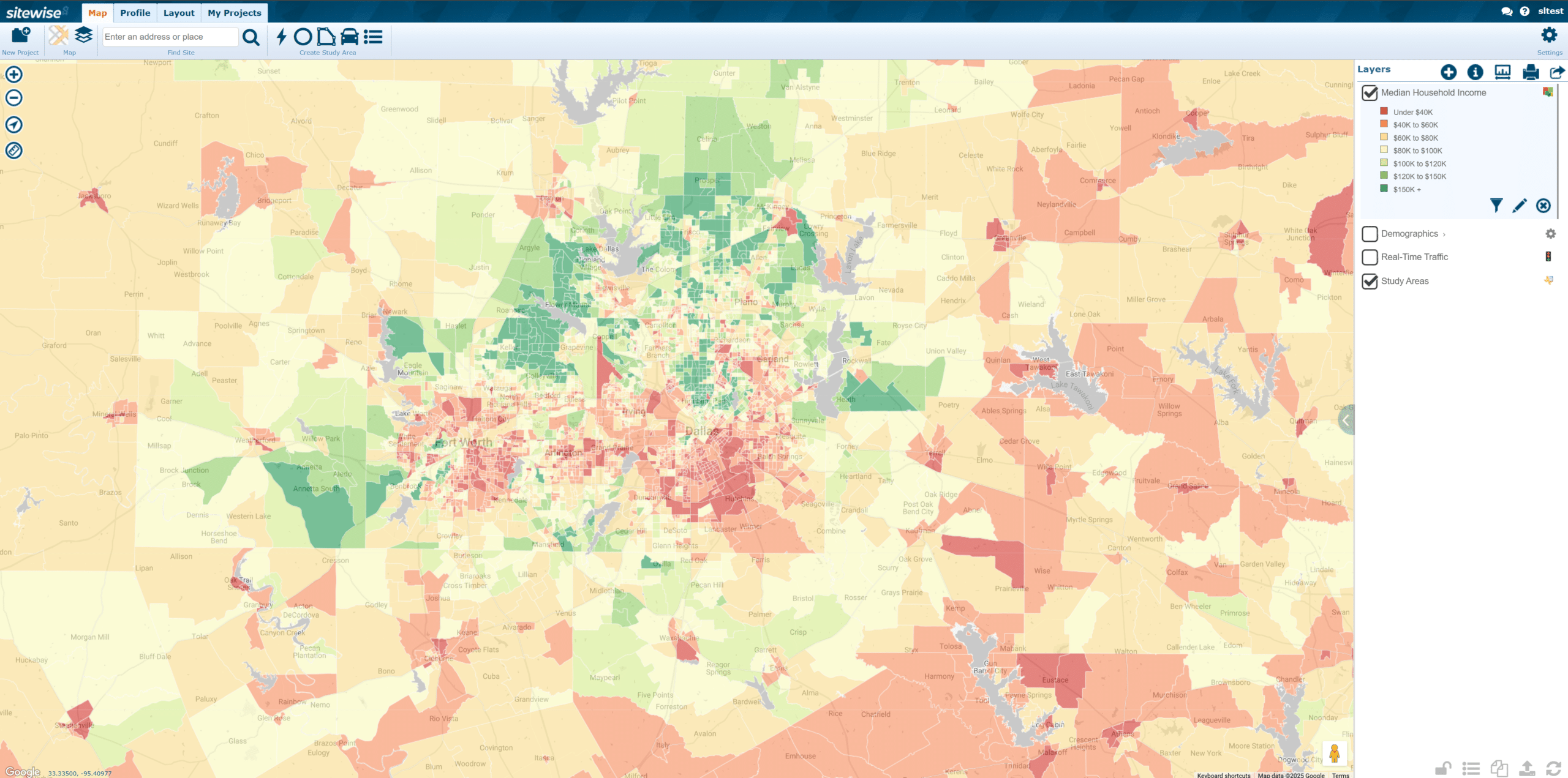 Screenshot of Market Grid in Sitewise Platform with Dallas Forth Worth market filtered for median household income using block groups.