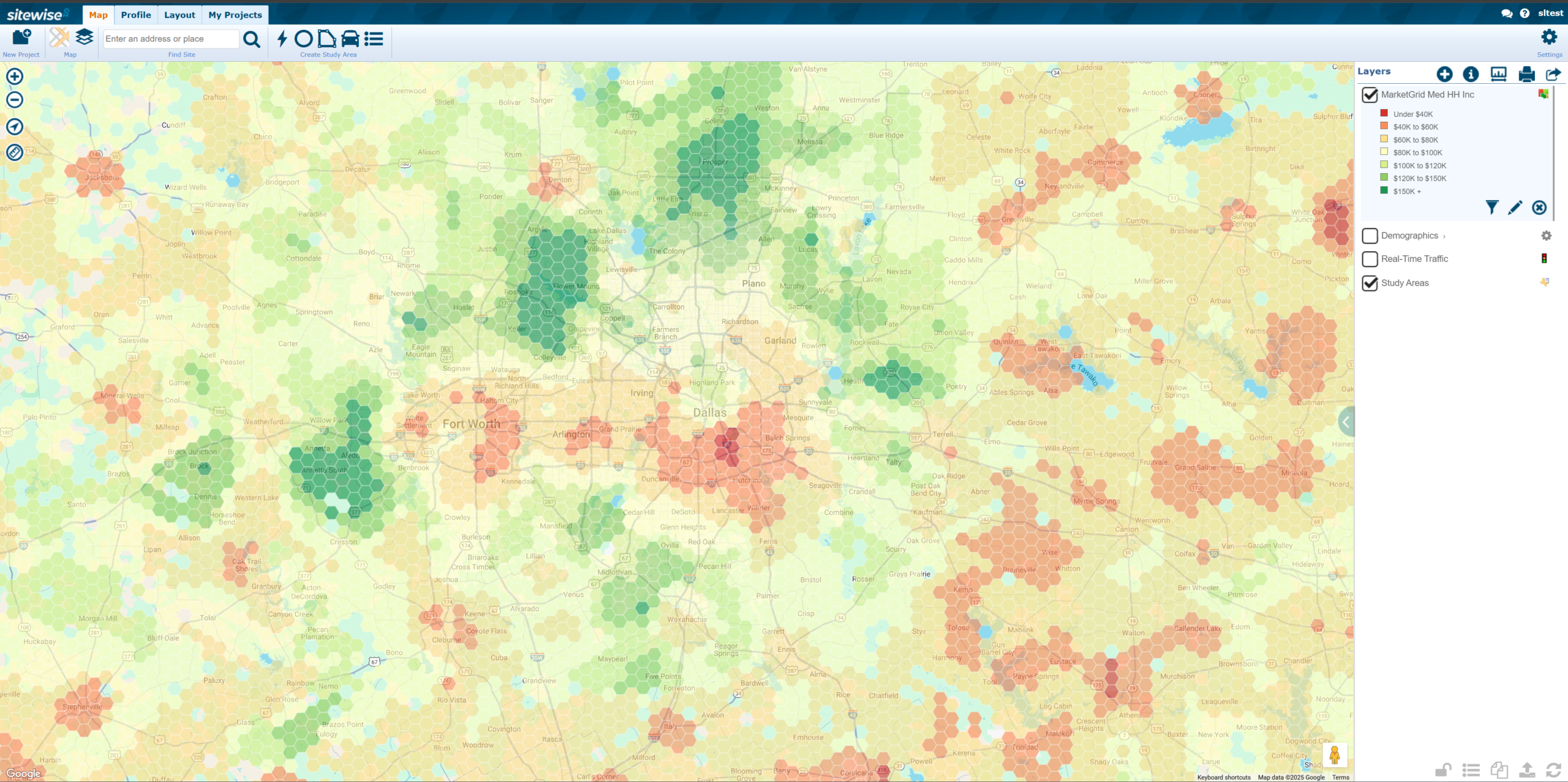 Screenshot of Market Grid in Sitewise Platform with Dallas Forth Worth market filtered for median household income using hexagons.